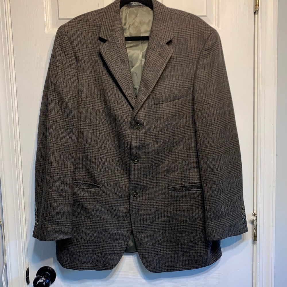 Andrew Fezza Blazer 40R Brown Blue Glen Plaid 100% Lambswool 3-Button Sport Coat